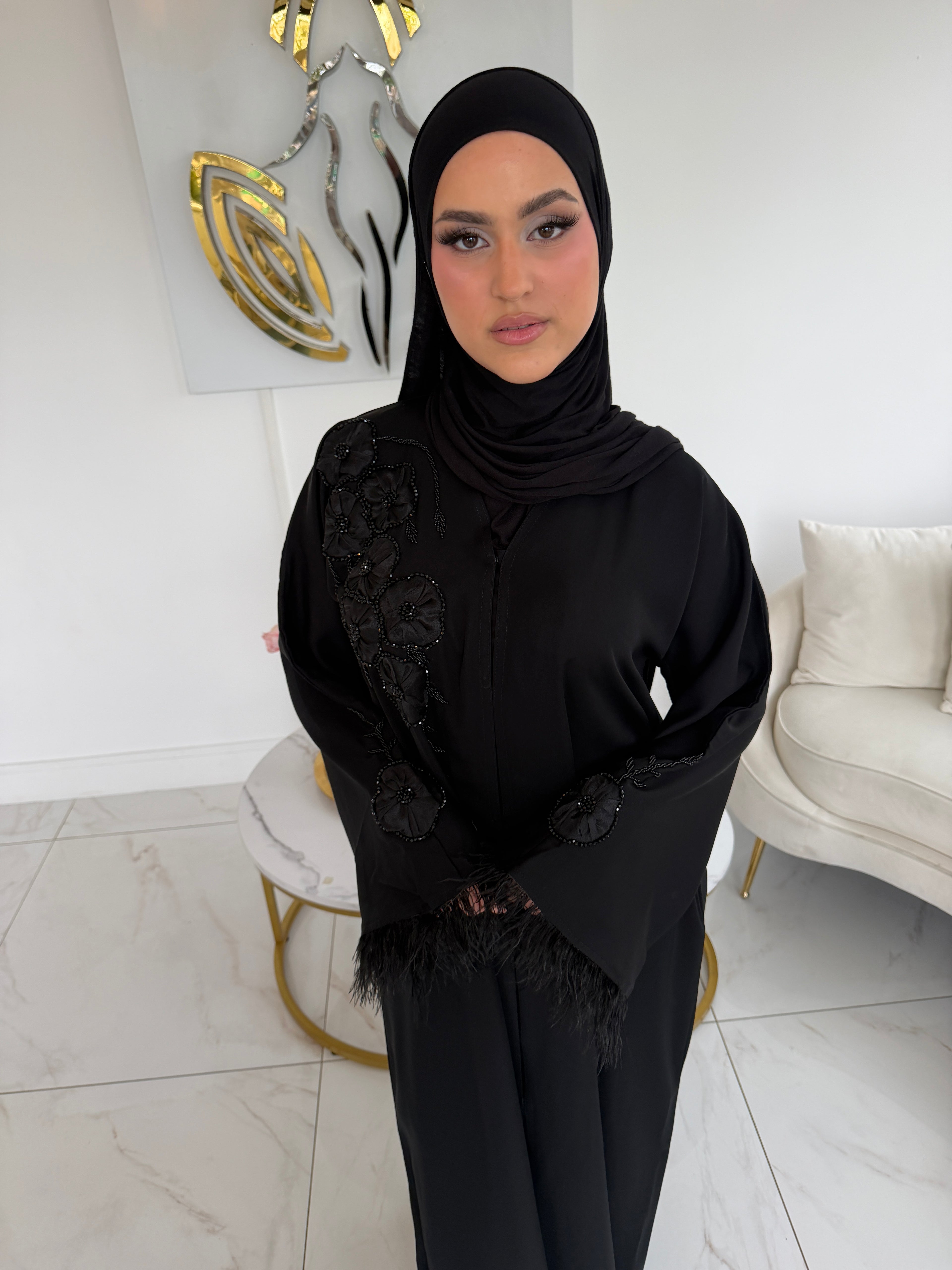 Feather abaya Black