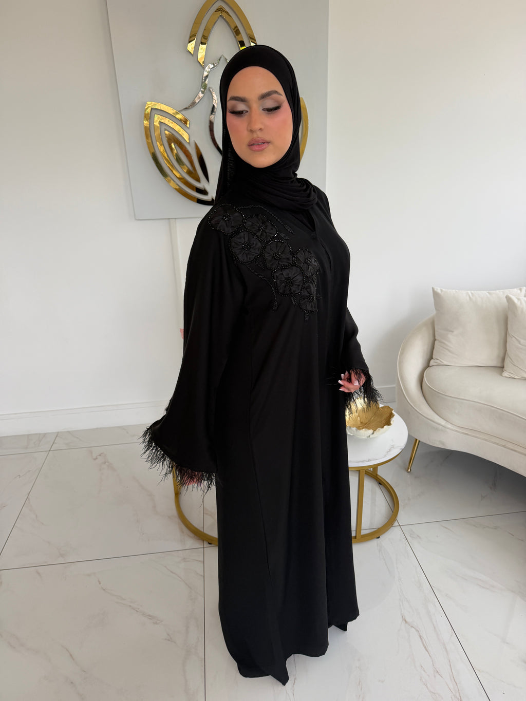 Feather abaya Black