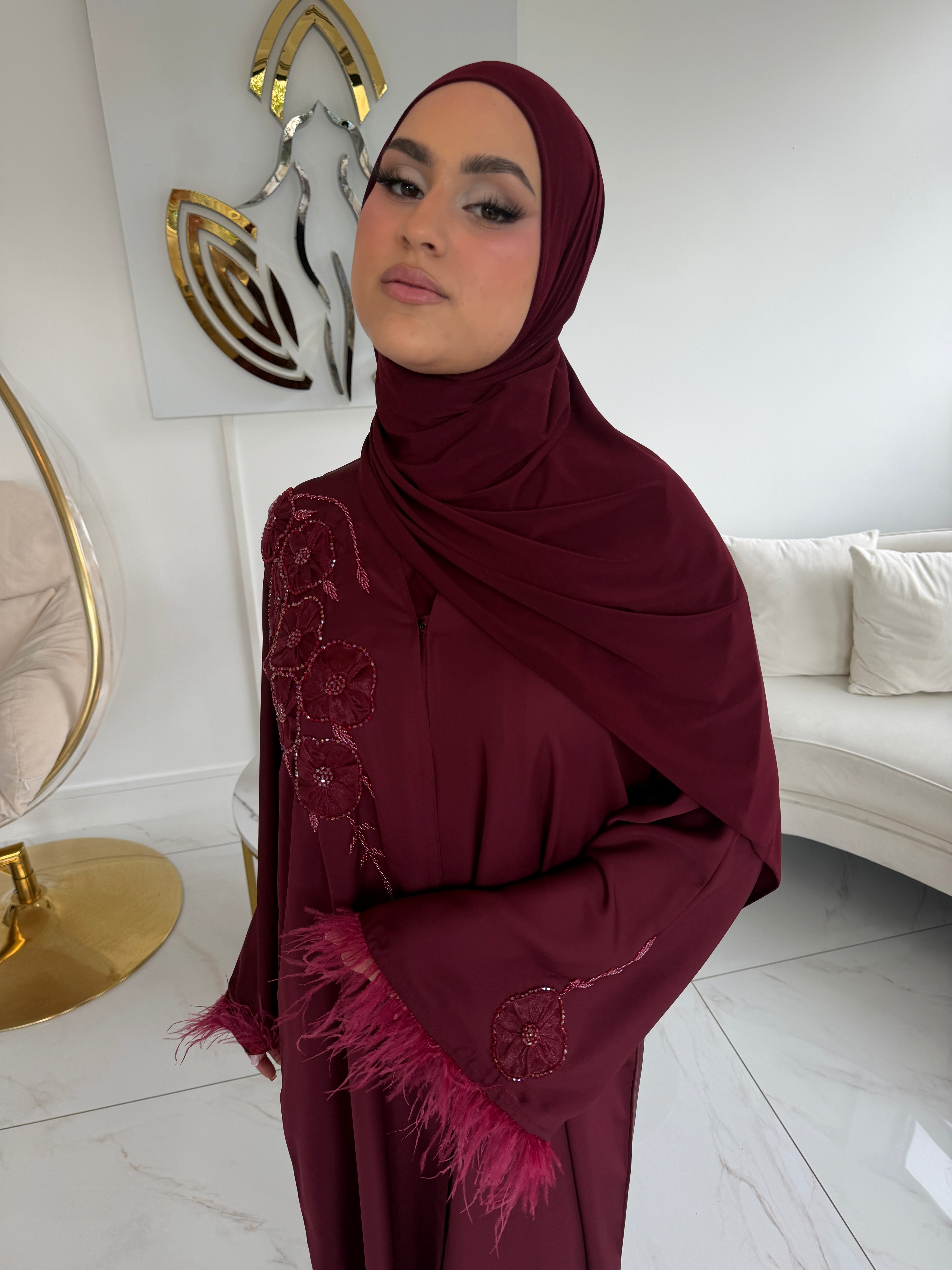 Feather abaya Burgundy