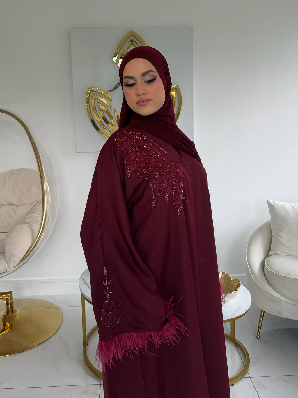 Feather abaya Burgundy